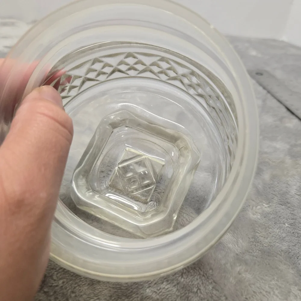 Vintage Koeze's Glass Apothecary Jar Clear Diamond Pattern Canister with Lid 8in